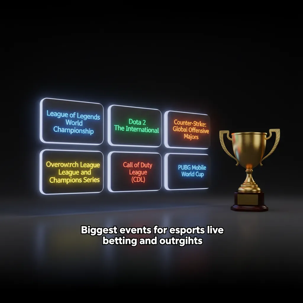 Table of top esports events by game for live and outright betting: Dota 2, CS2, LoL, Valorant, MLBB, SC2, PUBG Mobile.