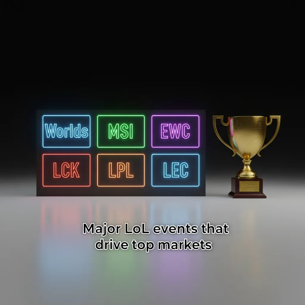 Graphic highlighting major League of Legends events—Worlds, MSI, EWC, LCK, LPL, LEC—with year-round action and odds.